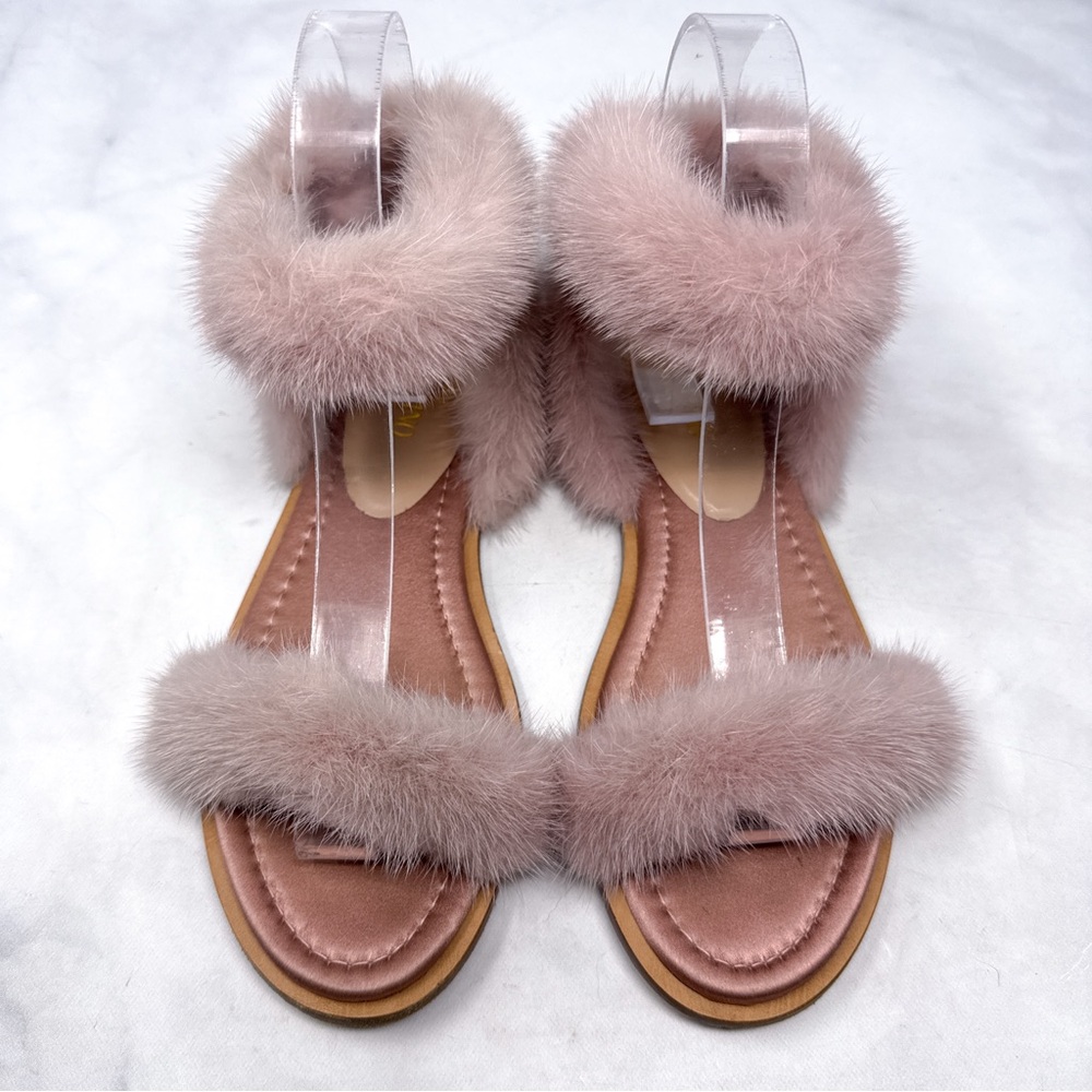 Valentino Garavani Mink Fur Wrap Wround Ankle Strap Flat Sandal Shoes Pink 36